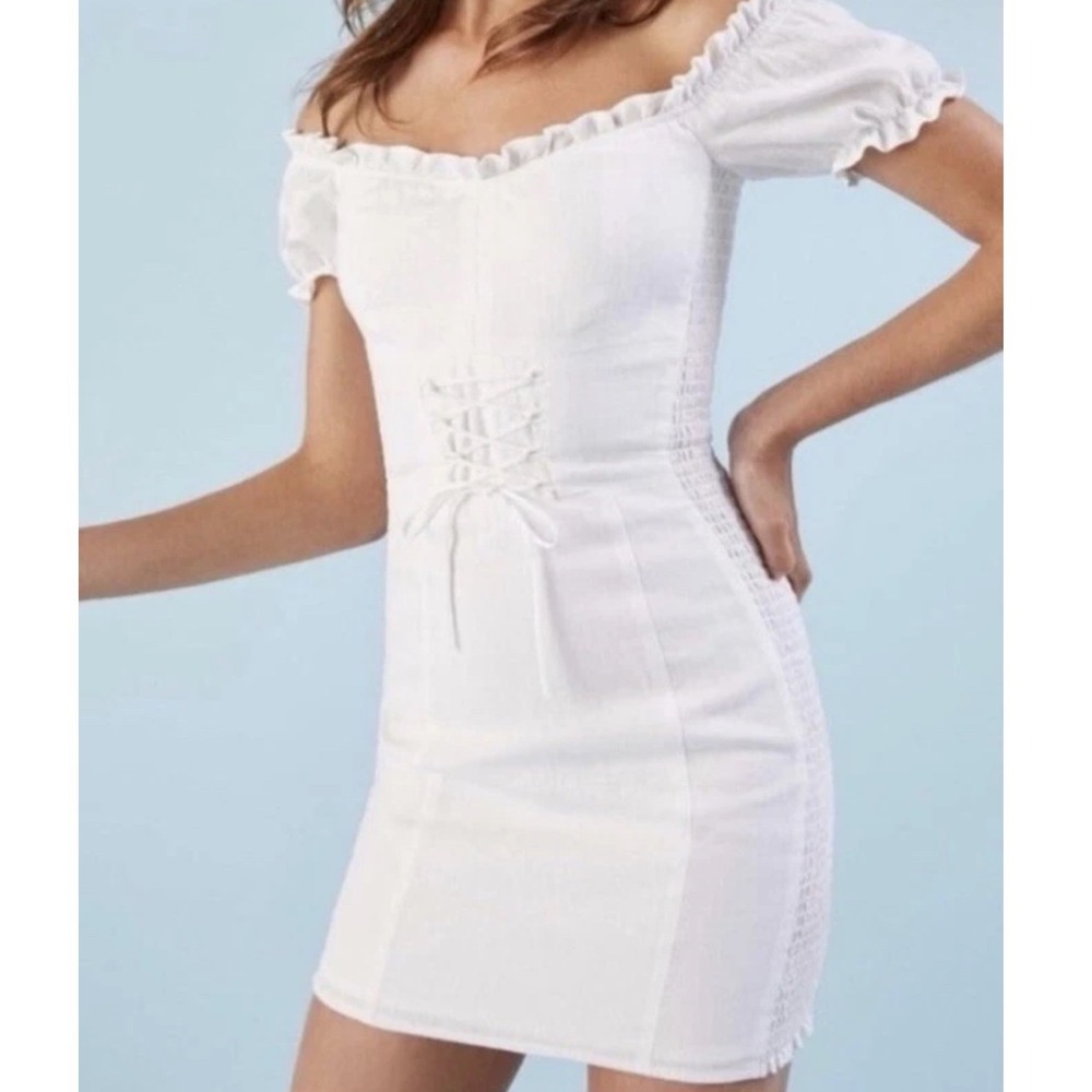 Reformation Miami White Linen Off Shoulder Corset Lace Up Mini Dress 2